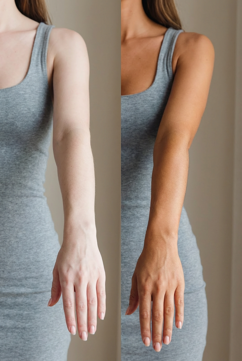Before and after self-tan results on arms with Coconut Fudge