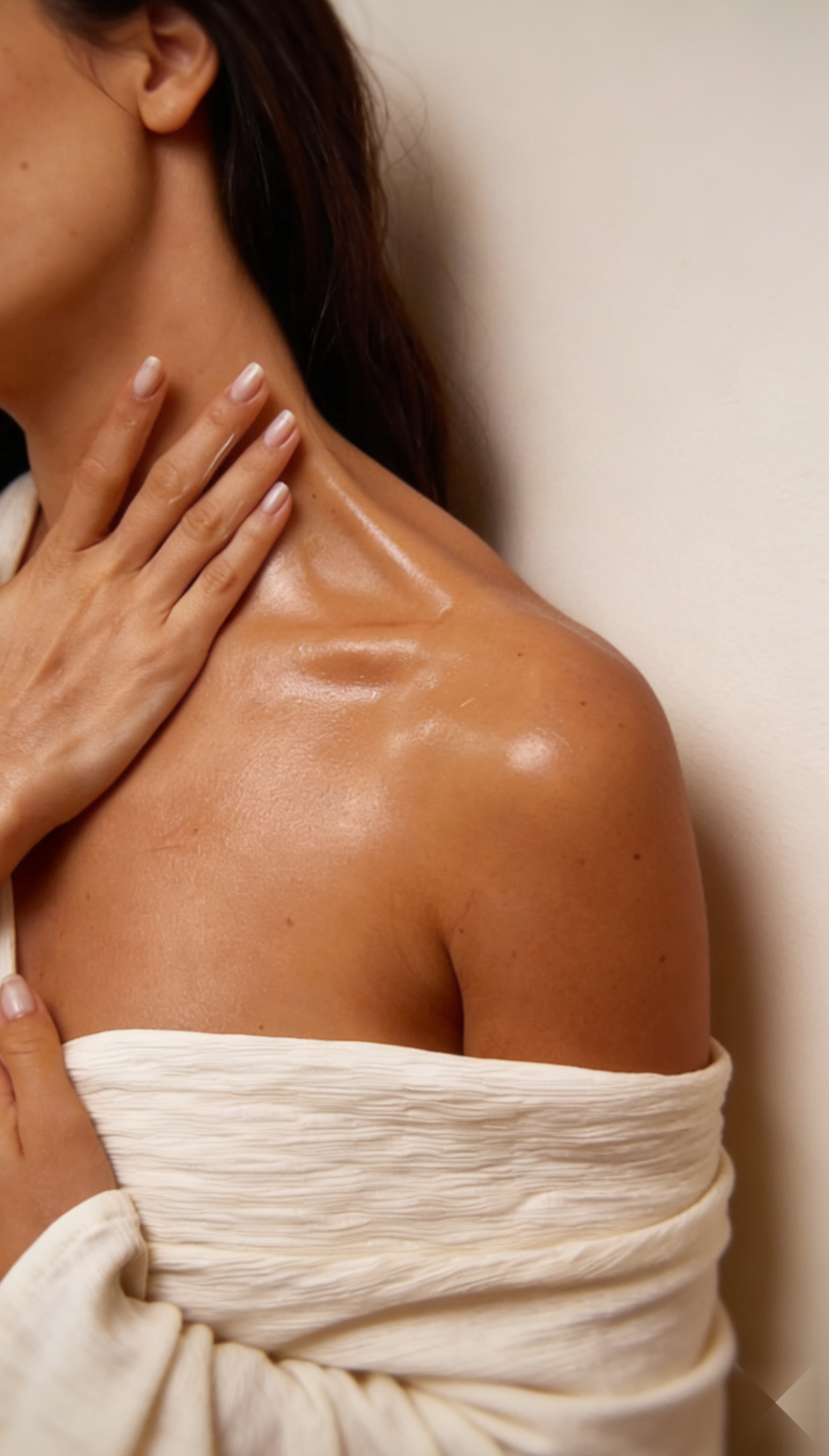 Woman applying Body Glaze Oil to neck and chest in warm Mediterranean bathroom