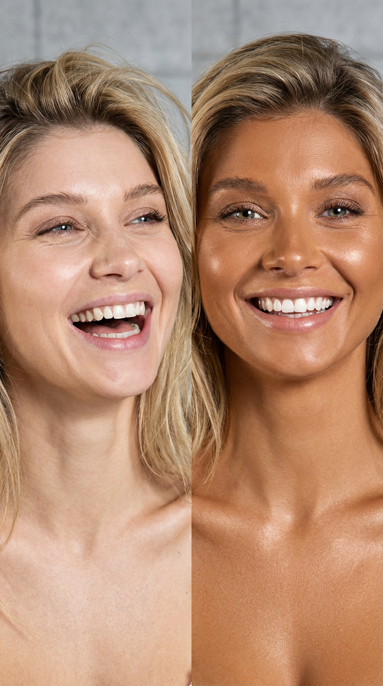 Close-up natural golden tan on face with Noir Chocolate