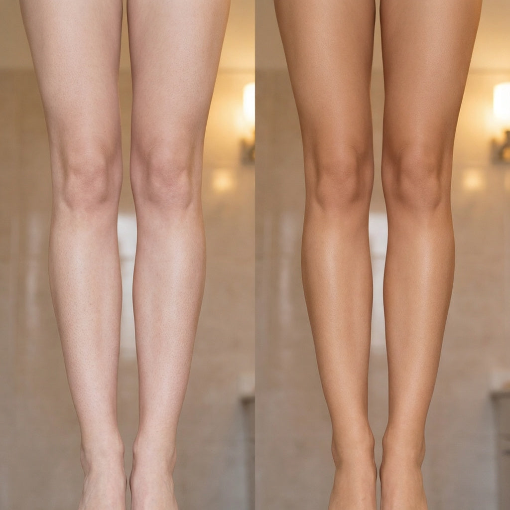 Soft, natural medium tan on legs with Blondie