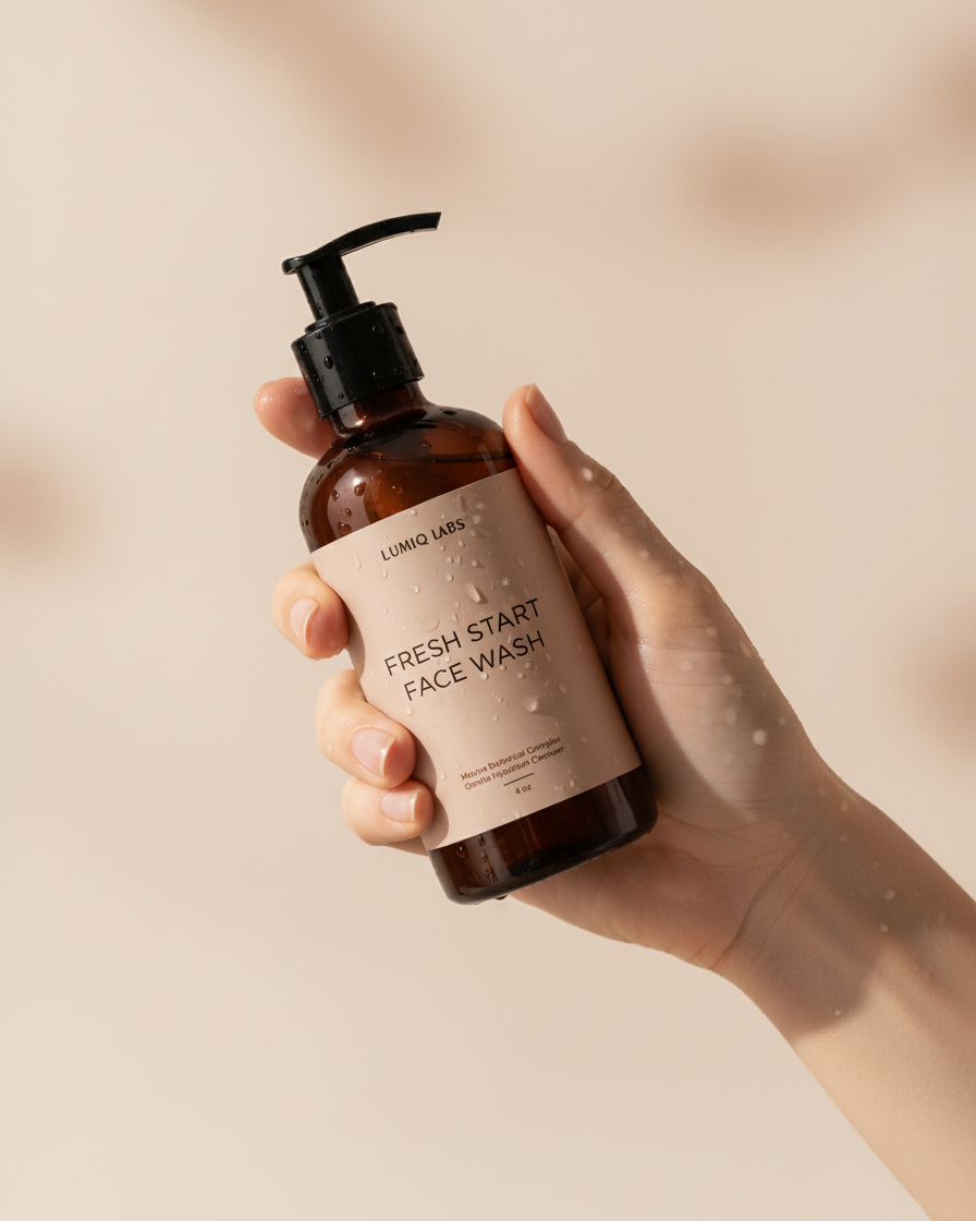 Buttermilk low-foam cleanser application on damp skin in warm bathroom