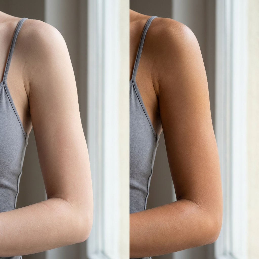 Buildable medium bronze on arms with Blondie self-tanner