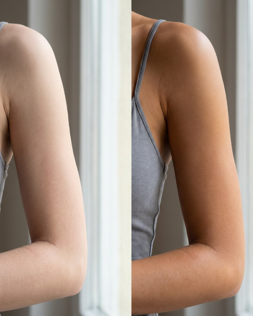 Buildable medium bronze on arms with Blondie self-tanner