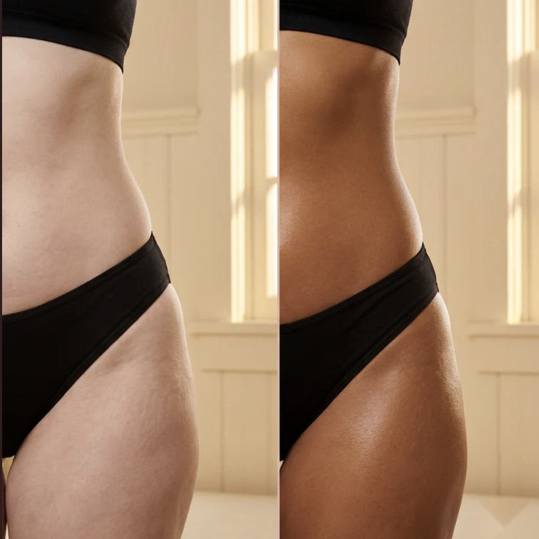 Before and after belly midsection - the Brownies Smooth Starter bronze tan softens dimpling visually