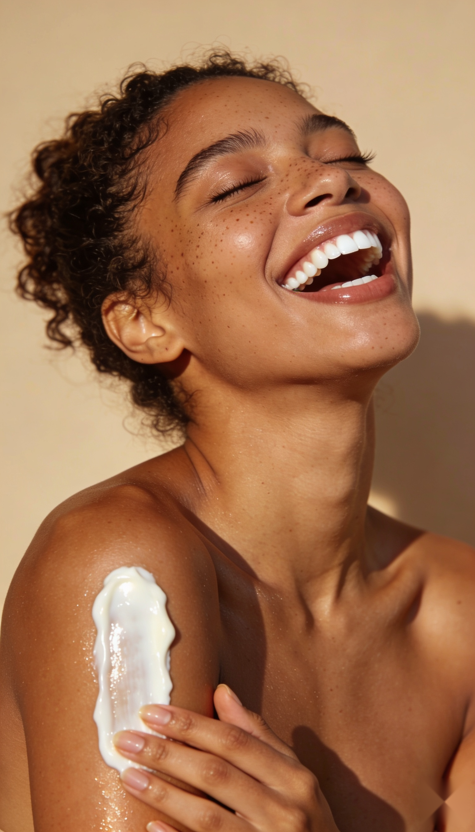 Woman laughing as she applies Whipped Cream body lotion to her shoulder in warm golden light